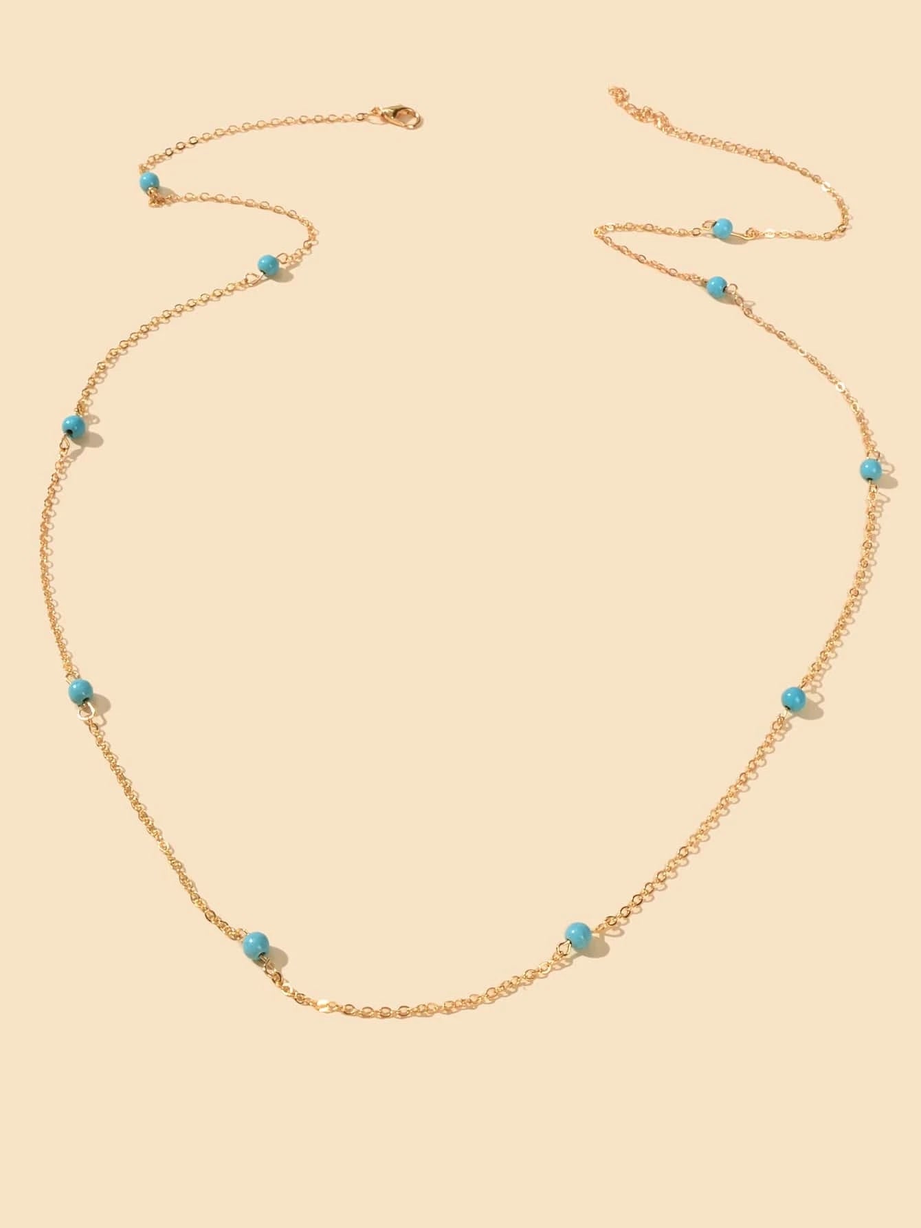 AU Post Boho Chic Beach Blue Bead Gold Chain Waist Link Body Chain Belly Jewelry-0