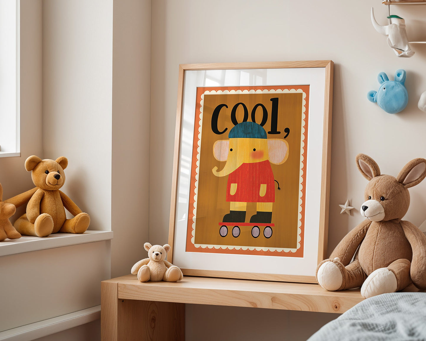 Poster Kinderzimmer Elefant · Cool auf Rollschuhen · Lustiges Tiermotiv · Retro Farben · Geschenkidee für Kinder · Ohne Rahmen-4