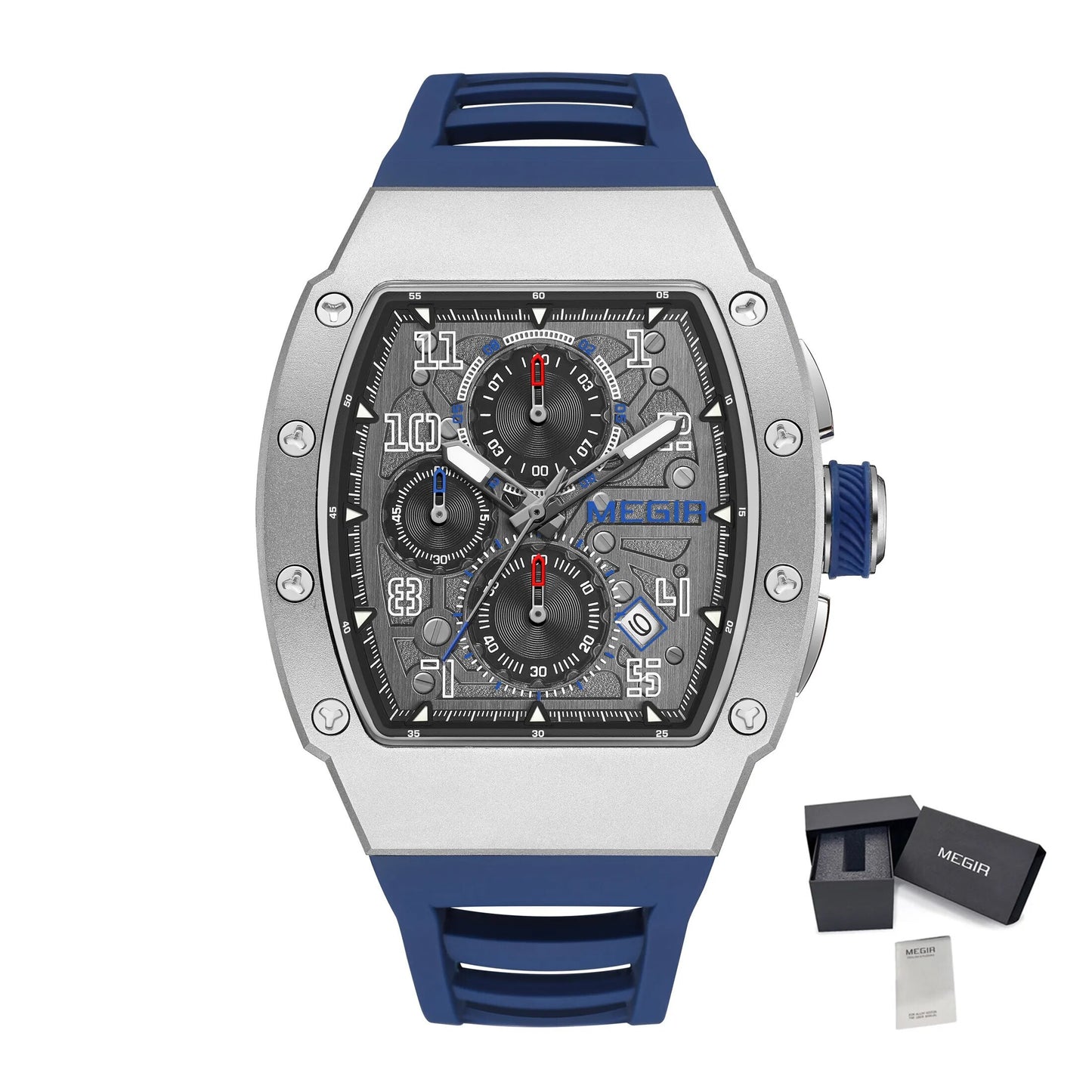 MEGIR Blue Luxury Sport Watch for Men Steel Case Waterproof Luminous Military Quartz Chronograph Big Dial Auto Date Reloj Hombre-22