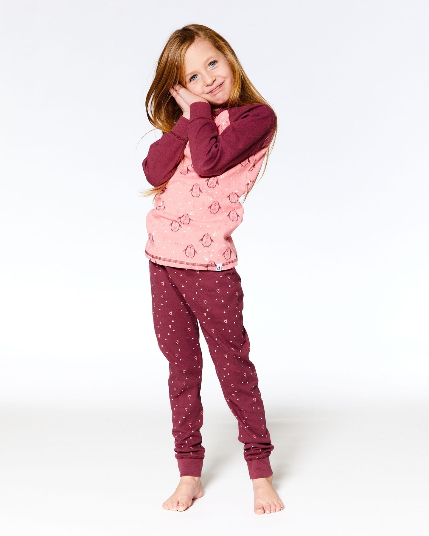 Organic Cotton Long Sleeve Two Piece Printed Penguins Pajama Set Pink-1