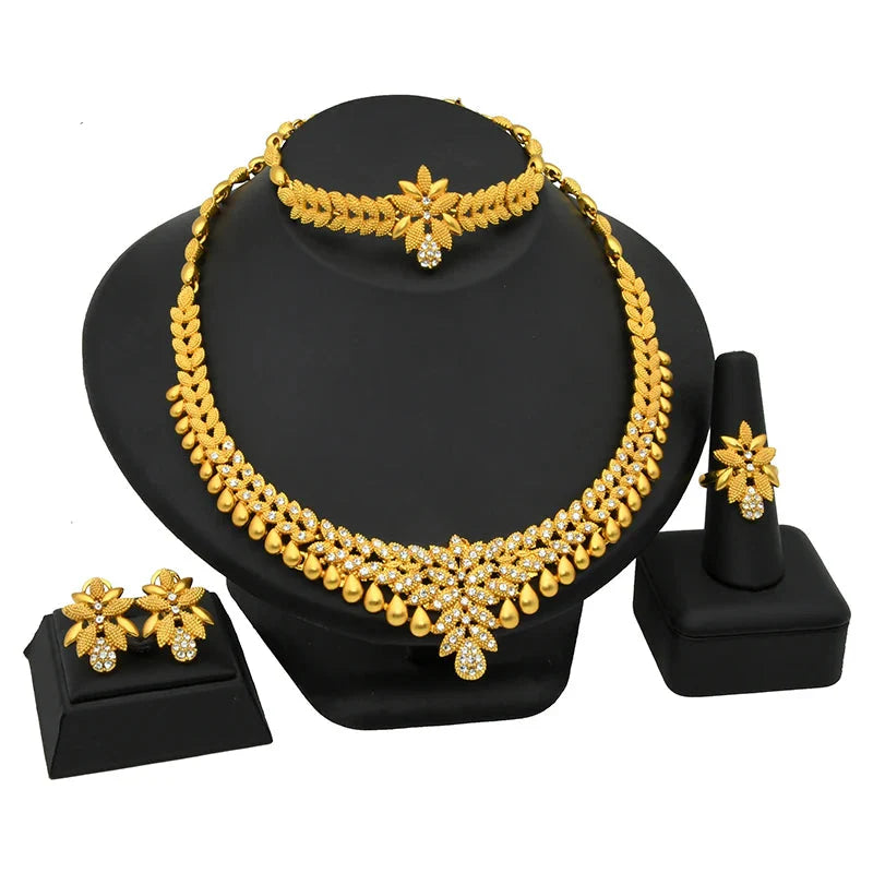 NNEOBA Gold Necklace Earrings Bracelet Ring Jewelry Set-3