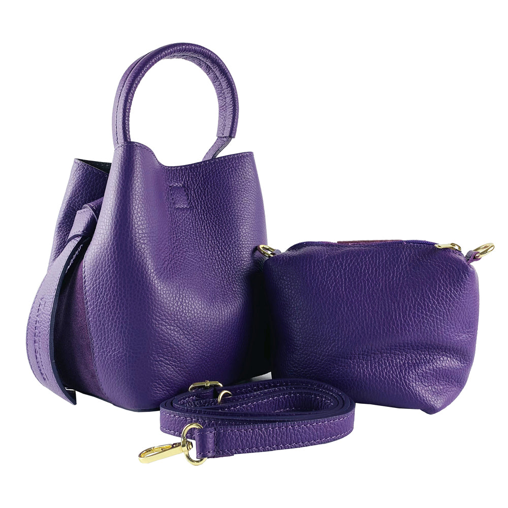 RB1006Y | Bucket Bag with Clutch in Genuine Leather Made in Italy. Shoulder strap with shiny gold metal snap hook attachments - Purple color - Dimensions: 16 x 14 x 21 cm + Handle 13 cm-3