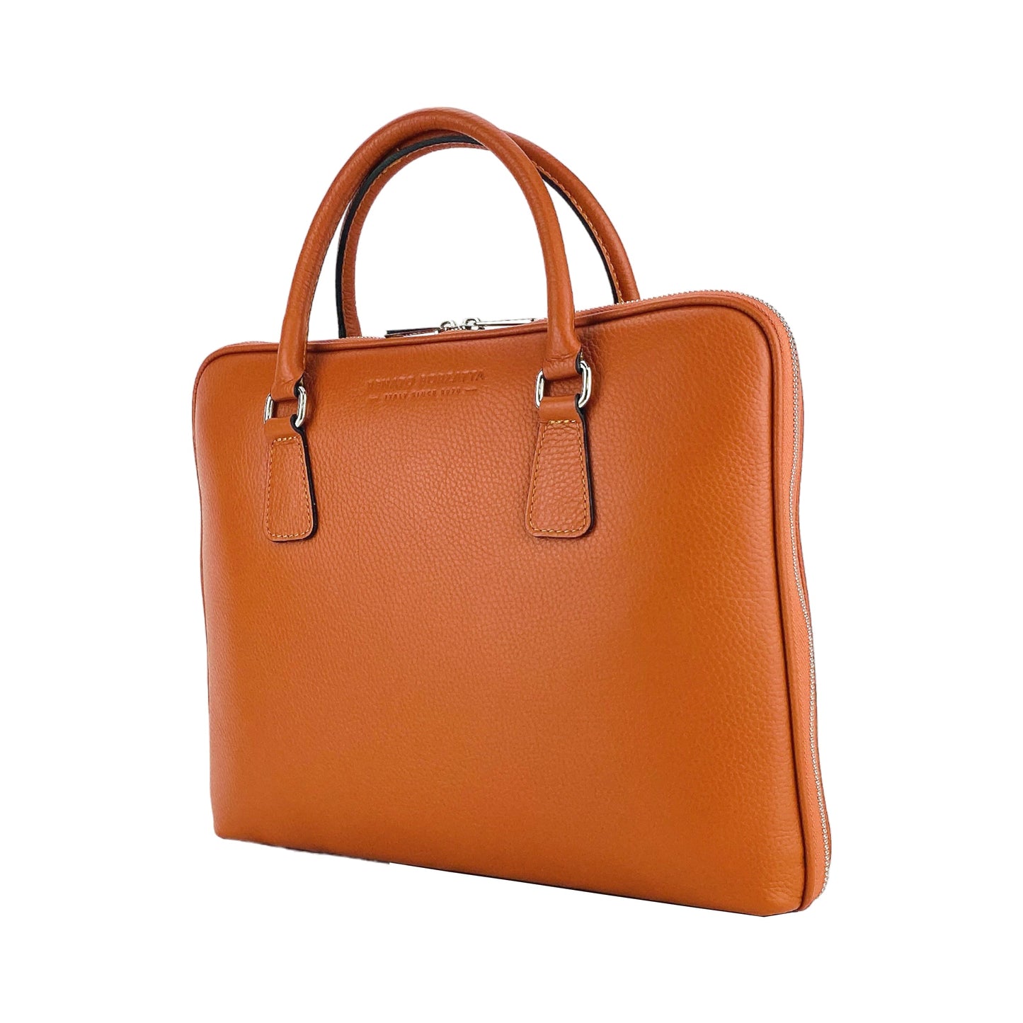 RB1019L | Unisex Business Briefcase in Genuine Leather Made in Italy with Removable Shoulder Strap. Polished Nickel Metal Snap Hook Attachments. Orange Color. Dimensions: 37 x 29 x 6.5 cm.-1