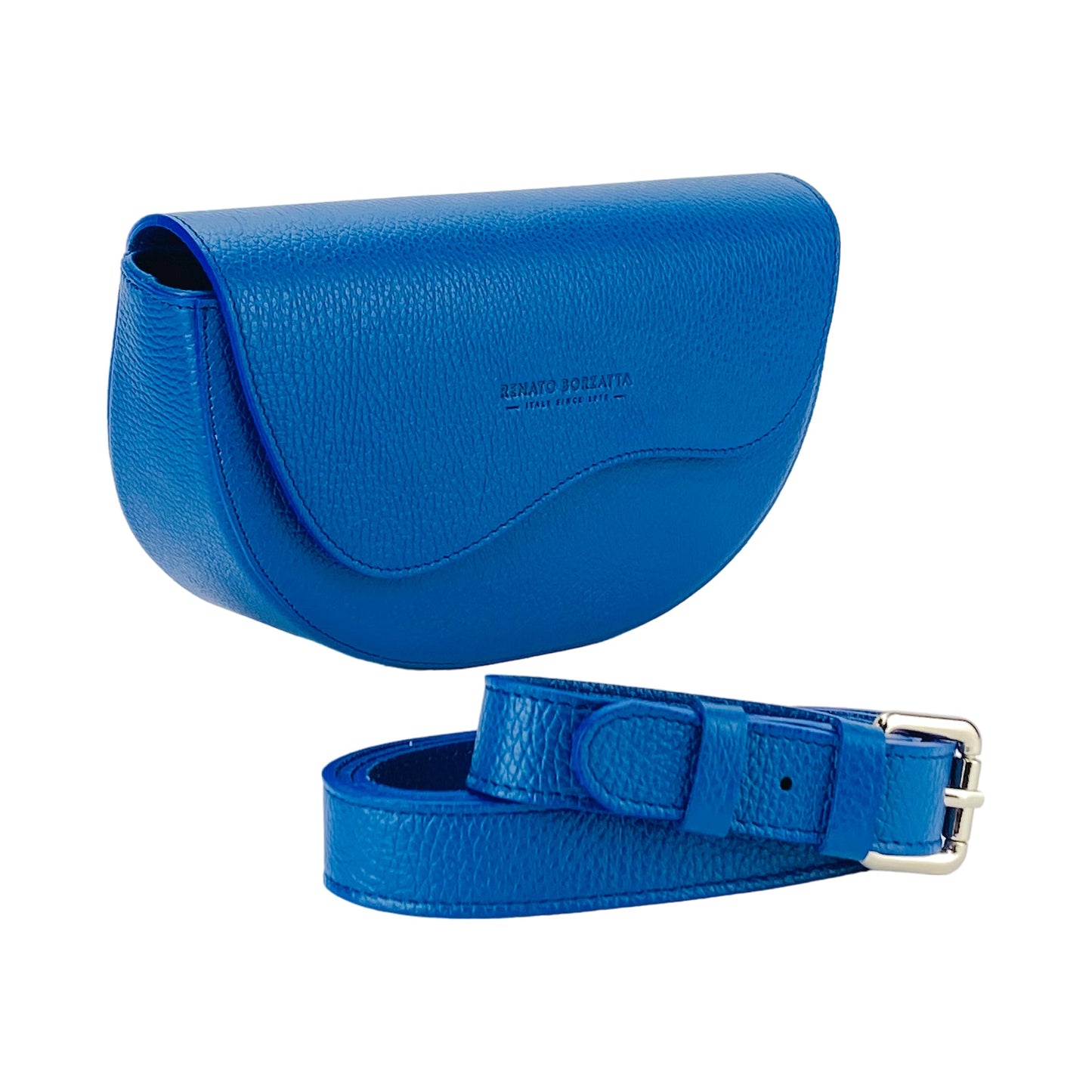 RB1027CH | Borsa Donna a Bandoliera stondata in Vera Pelle Made in Italy. Tracolla removibile e regolabile in pelle. Accessori Nickel Lucido - Colore Blu Royal - Dimensioni: cm 25 x 15 x 9-0