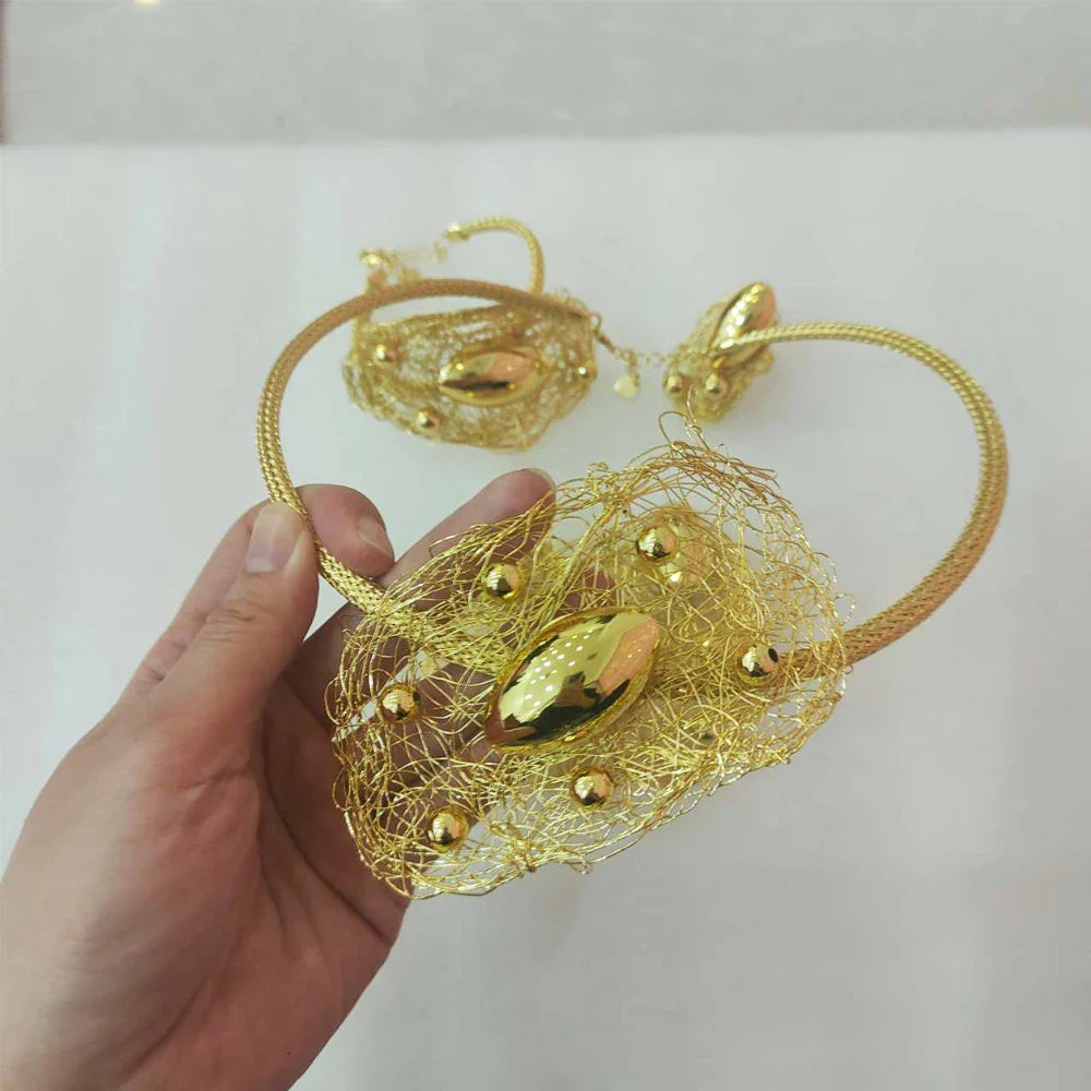 NNEOBA Jewelry Set Gold Necklace Earrings Bracelet Ring-3