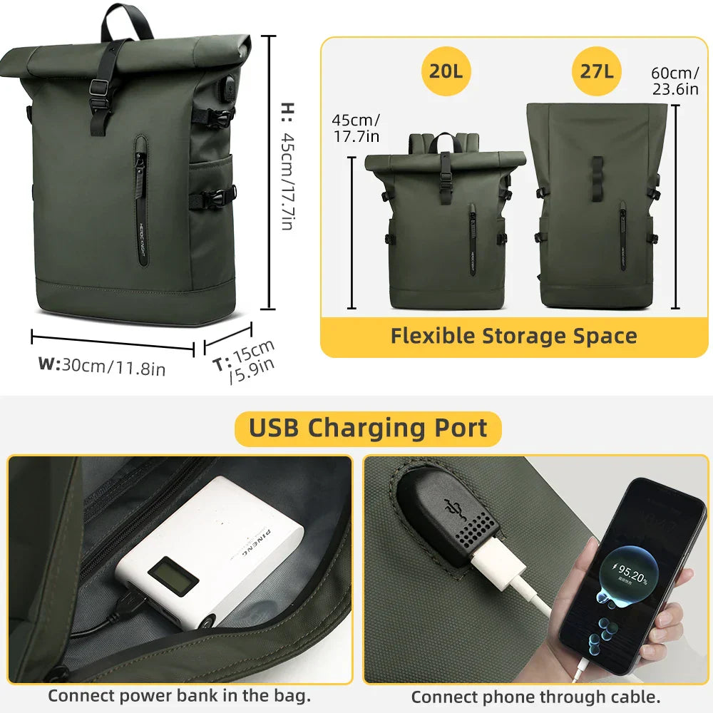 Expandable Waterproof Backpack Roll-Up Design with USB Charging Port Green-4