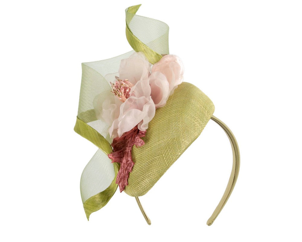 Lime & pink pillbox fascinator with flower by Fillies Collection-1