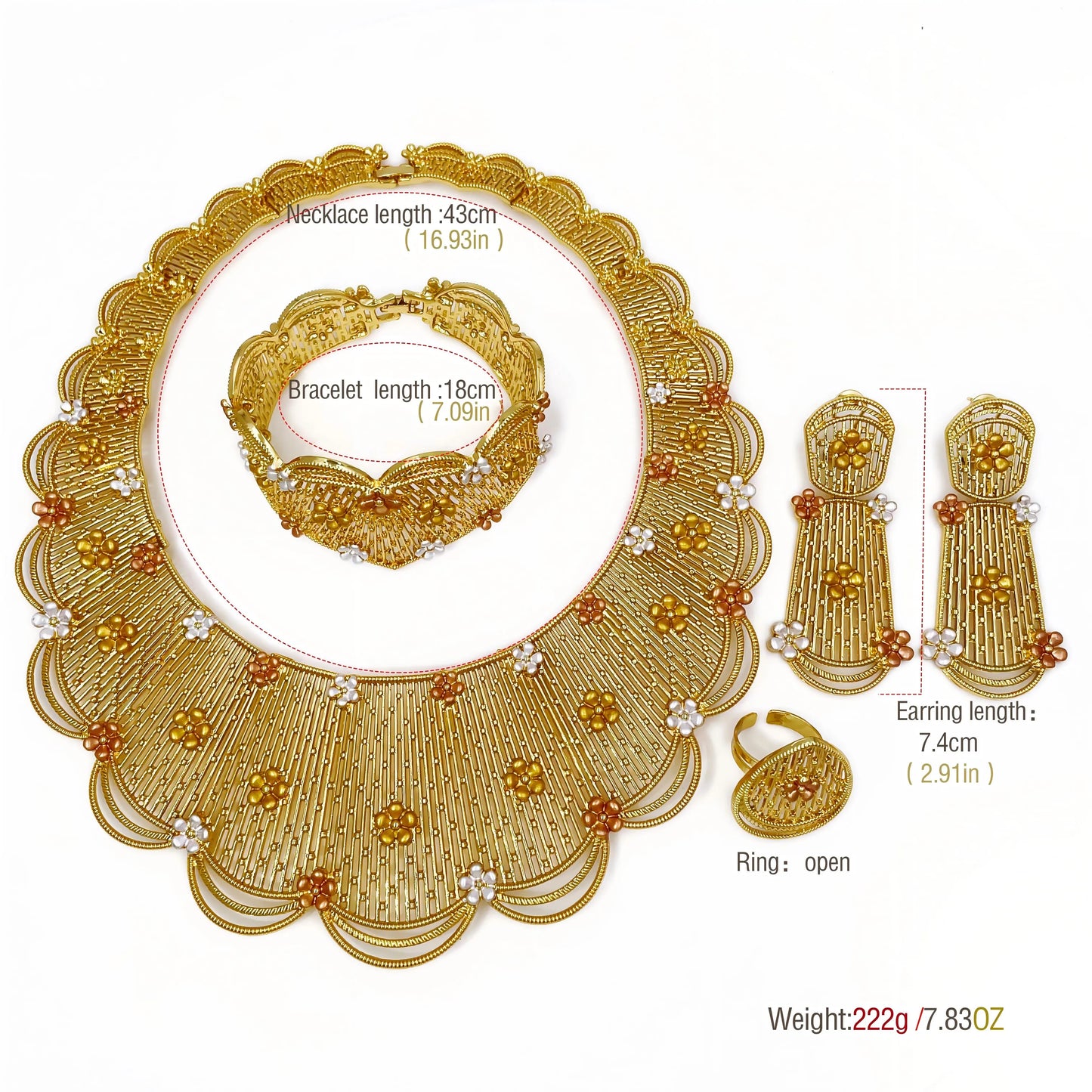 NNEOBA Jewelry Set Women Tricolor Necklace Earrings Bracelet Ring-2