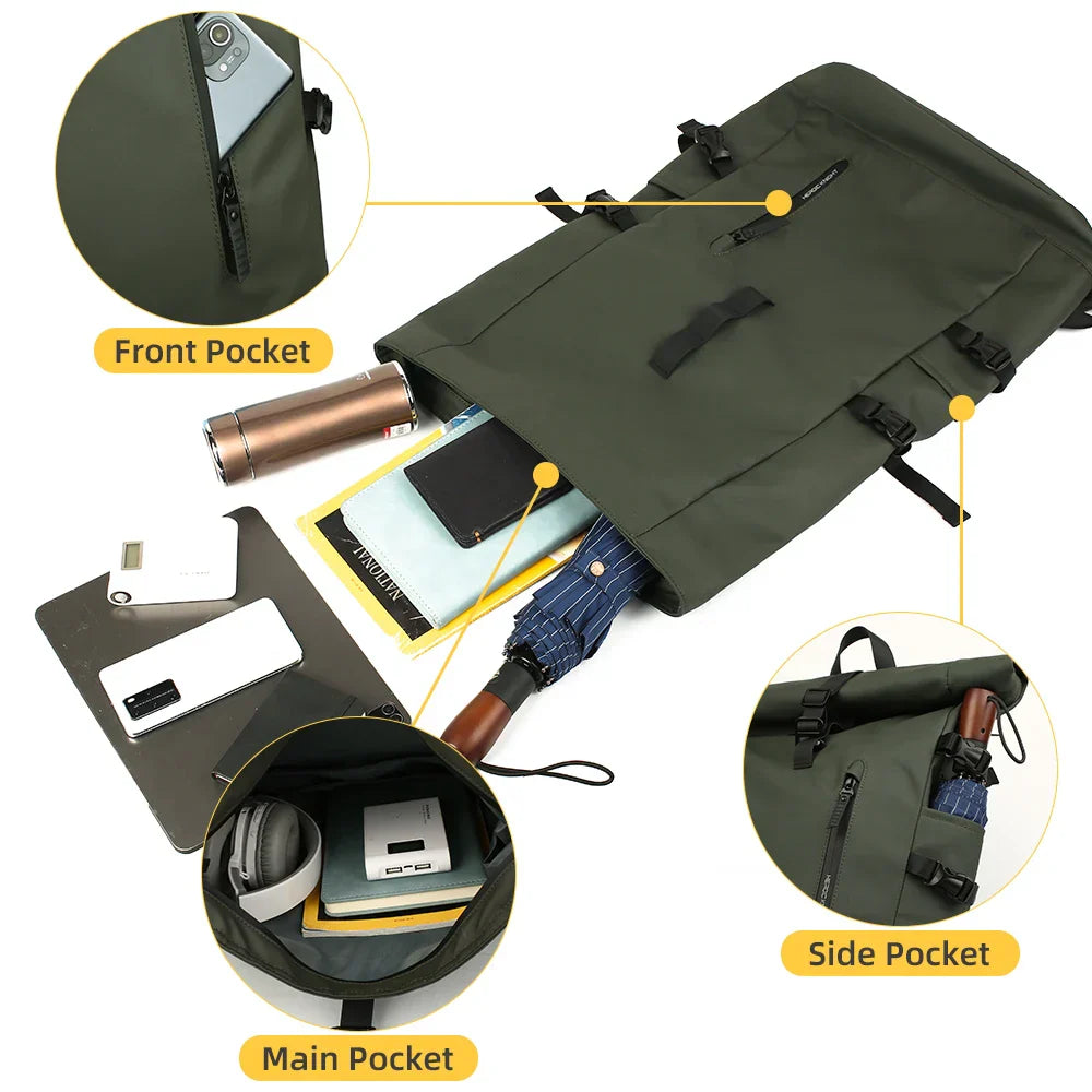 Expandable Waterproof Backpack Roll-Up Design with USB Charging Port Green-2