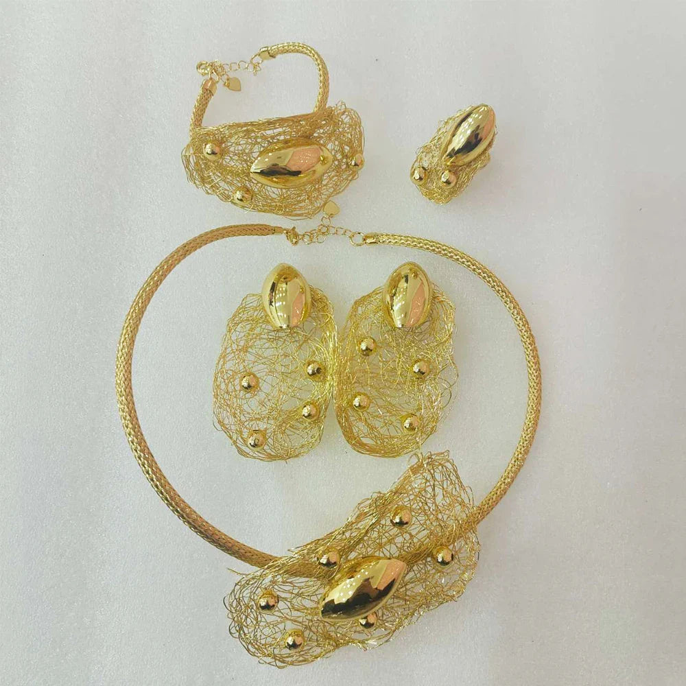 NNEOBA Jewelry Set Gold Necklace Earrings Bracelet Ring-1