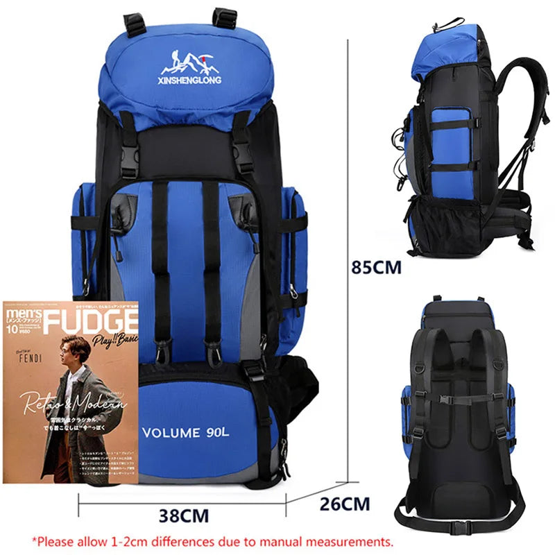 90L Waterproof Camping Backpack with Cover Blue-4