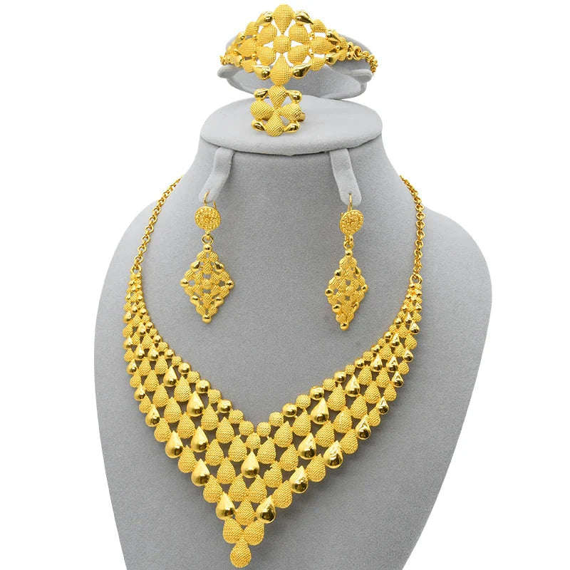 NNEOBA Women Wedding Necklace Earrings 24k Gold Jewelry Set-0