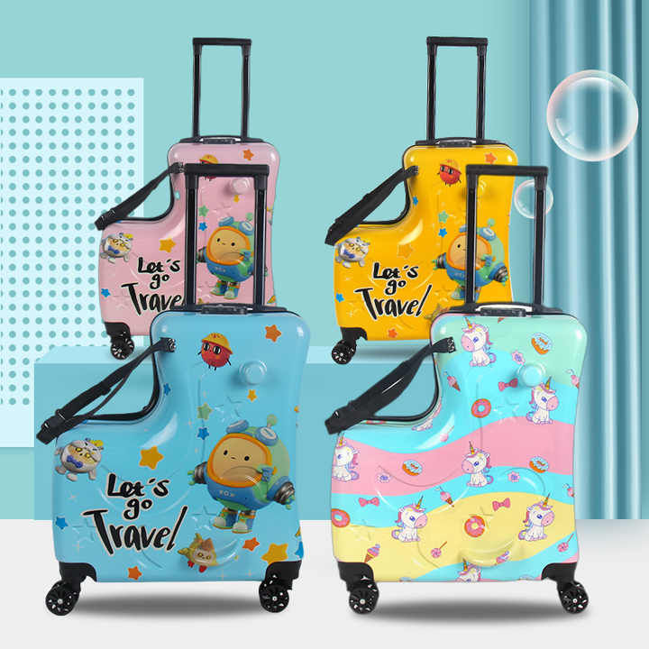 NNEDSZ Yellow Kids Ride-On Luggage - 20-Inch Cartoon Travel Suitcase with Footrest, Durable Rolling Carry-On for Children-1