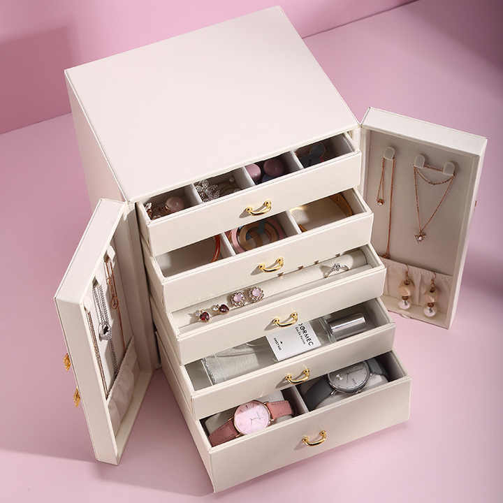 NNEDSZ White Elegant 5-Layer Large Capacity Jewelry Storage Box with Dual Opening Doors - Perfect for Organizing Necklaces, Rings, Earrings, and More(Jewelry is a photo prop and is not included)-3