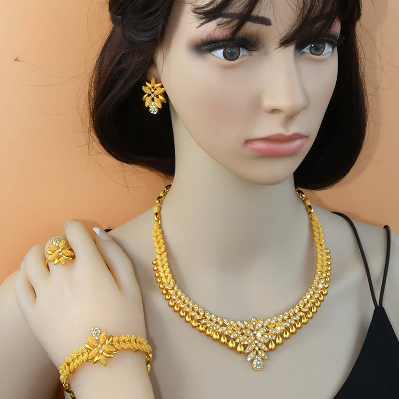 NNEOBA Gold Necklace Earrings Bracelet Ring Jewelry Set-1