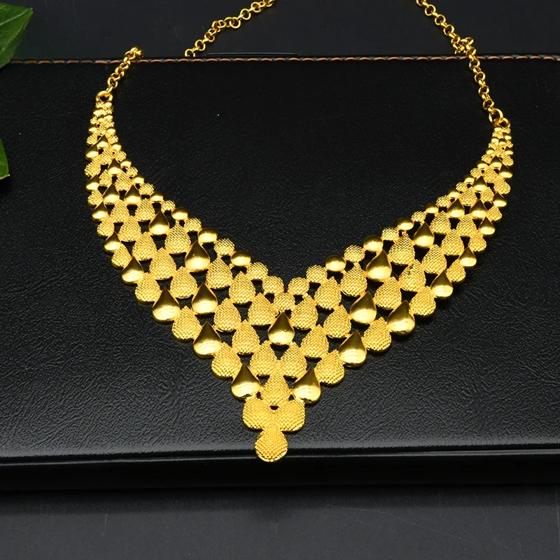NNEOBA Women Wedding Necklace Earrings 24k Gold Jewelry Set-3