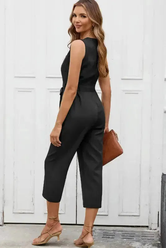 Cropped Jumpsuit with Sash - Buttoned Sleeveless-1
