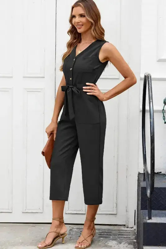 Cropped Jumpsuit with Sash - Buttoned Sleeveless-2