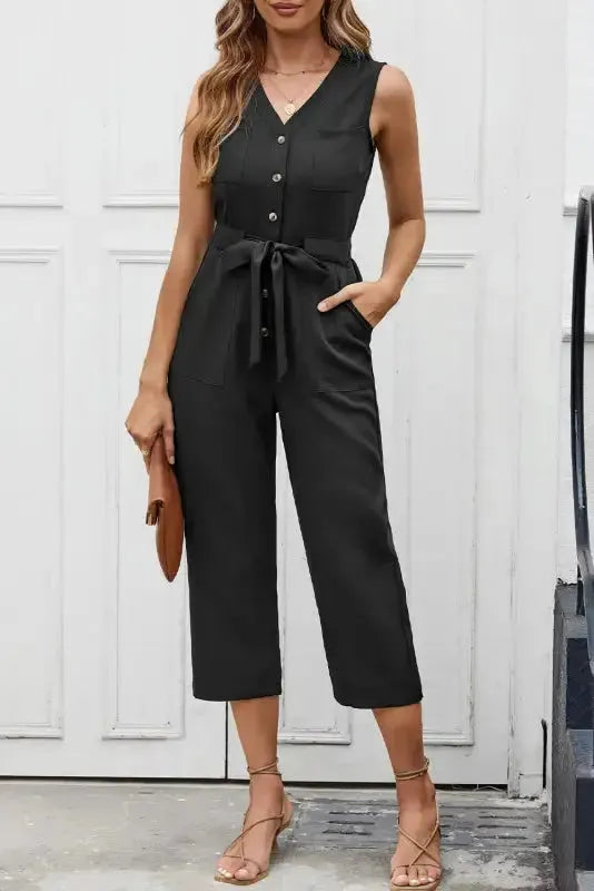 Cropped Jumpsuit with Sash - Buttoned Sleeveless-4