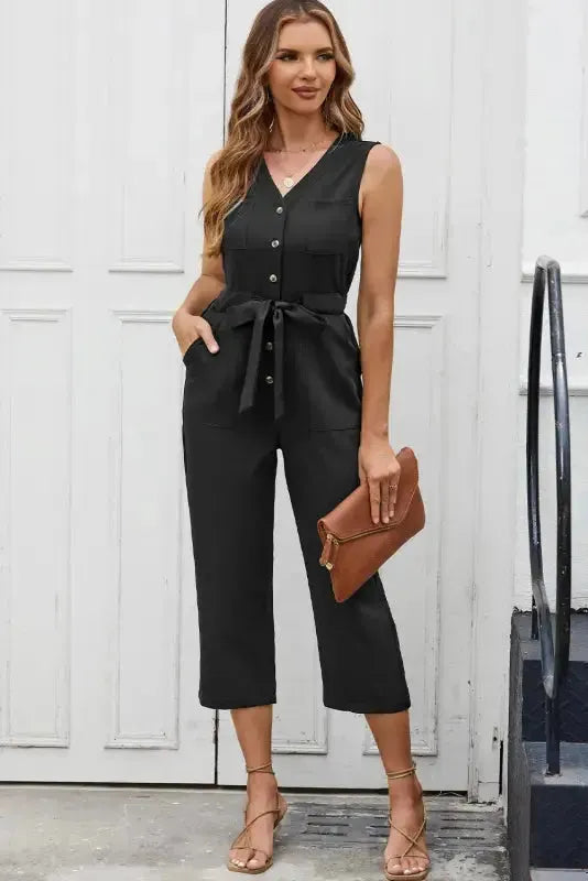 Cropped Jumpsuit with Sash - Buttoned Sleeveless-3