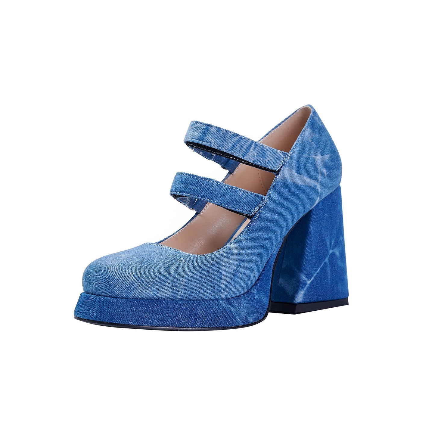 Double Strap Blue Denim Mary Jane Platform Pumps-4