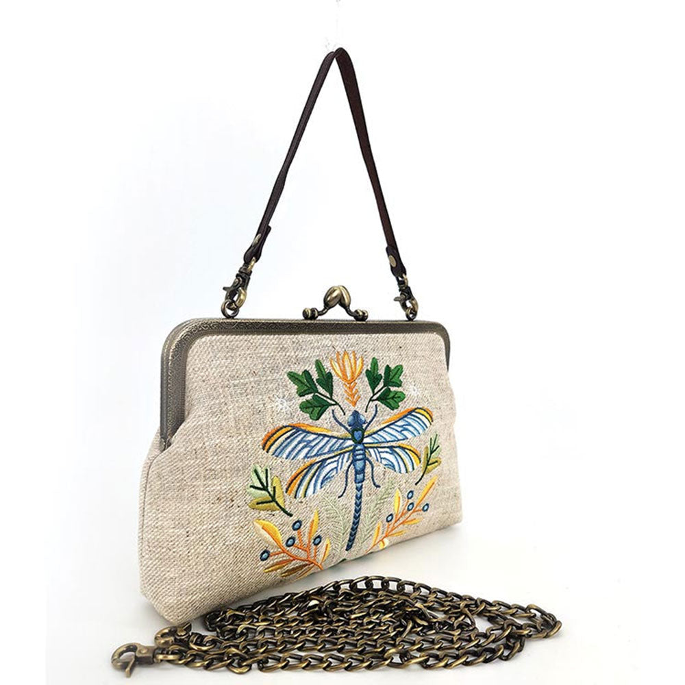 Dragonfly Embroidered Vintage-Style Kisslock Handbag : Beige-1
