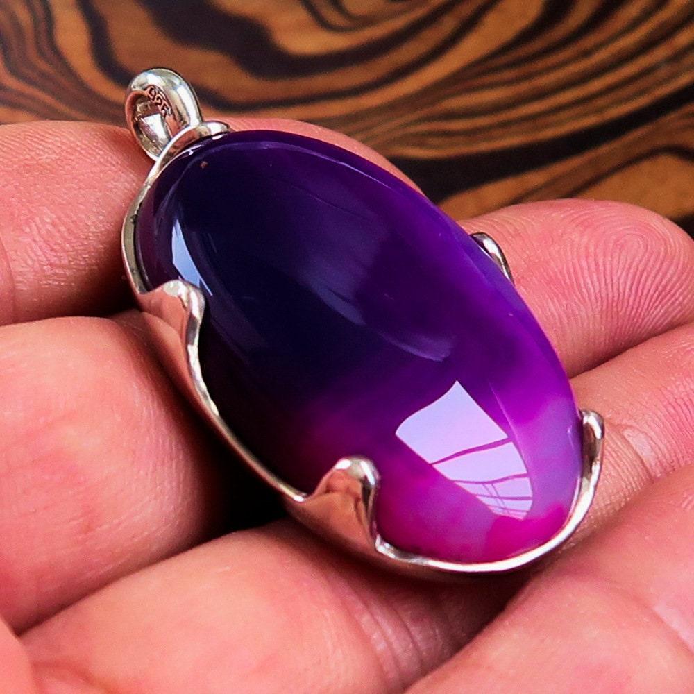 Purple Agate Pendant, Sterling Silver Pendant, purple Agate cabochon, Minimalist Necklace, Agate Amulet, gift for her, Agate Silver Pendant-0