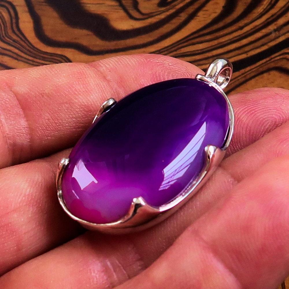Purple Agate Pendant, Sterling Silver Pendant, purple Agate cabochon, Minimalist Necklace, Agate Amulet, gift for her, Agate Silver Pendant-2