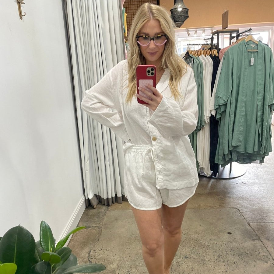 Linen Short Set - White-3