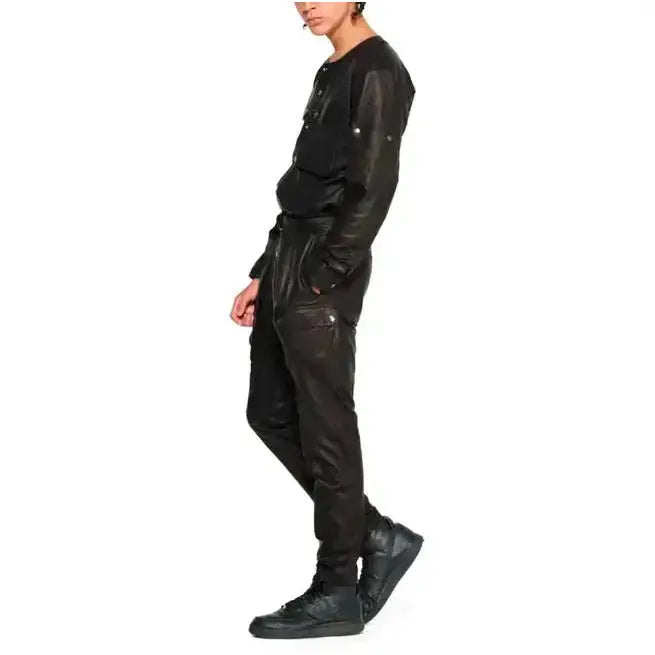 Men’s Black Cargo-Style Leather Jumpsuit-1