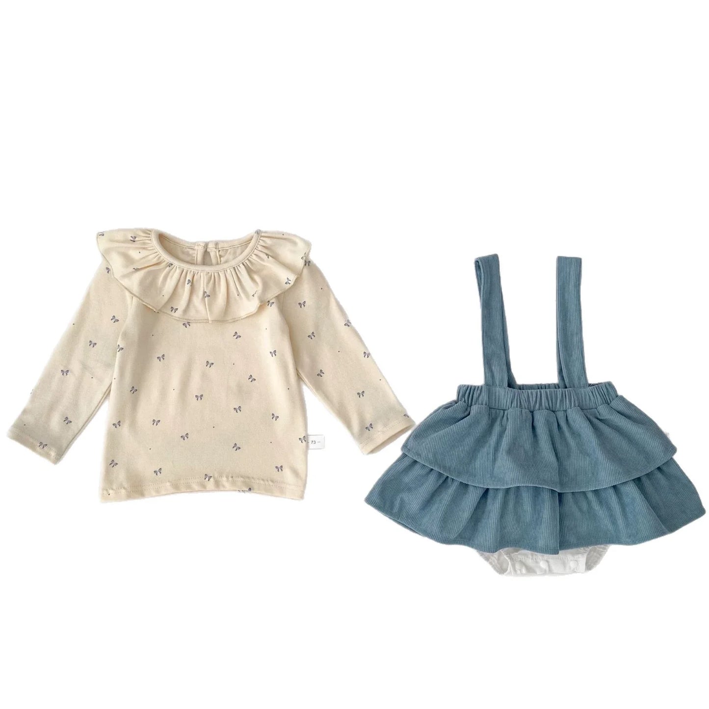 Spring and Autumn Baby Kids Girls Butterfly-bows Pattern Long Sleeves Beige Top and Sleeveless Onesies Overalls Clothing Set-3