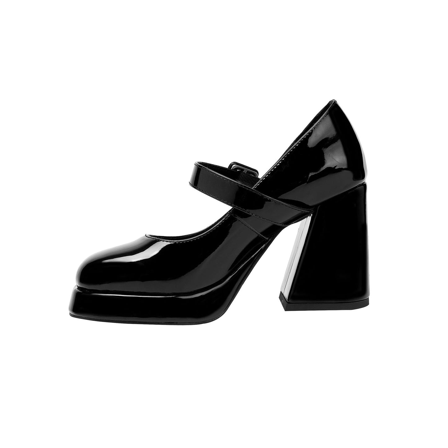 Puffy Round Toe Black Ankle Strap Platform Pumps-1