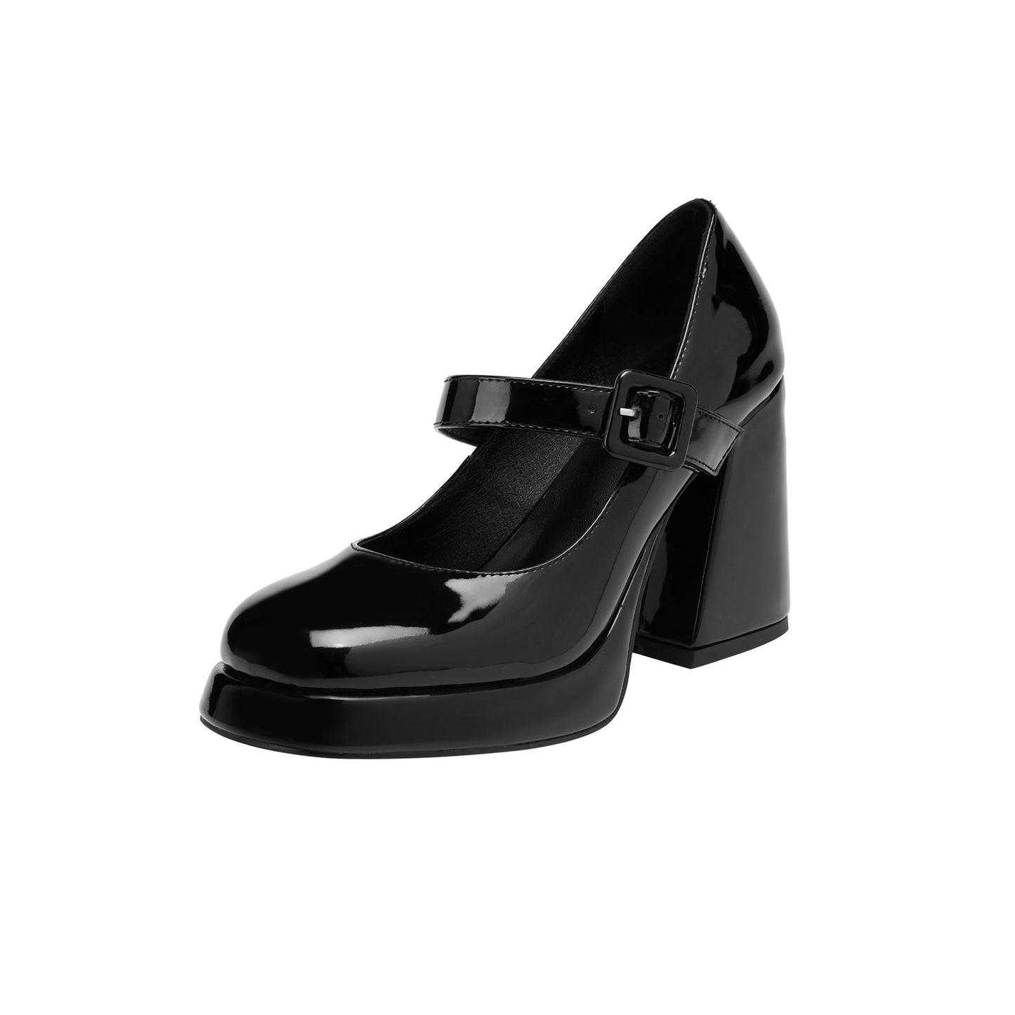 Puffy Round Toe Black Ankle Strap Platform Pumps-2