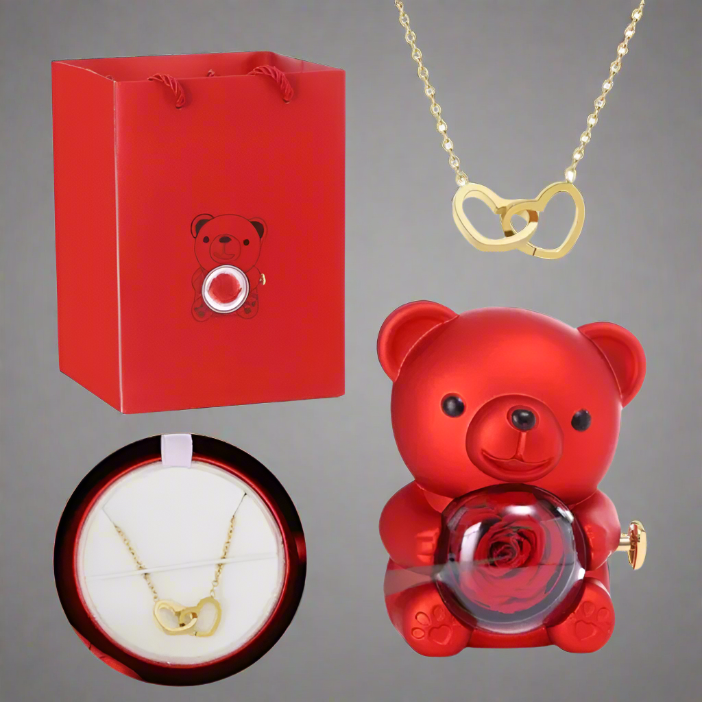 Teddy Bear Gift Box with Rose Jewelry Storage (Red)-1