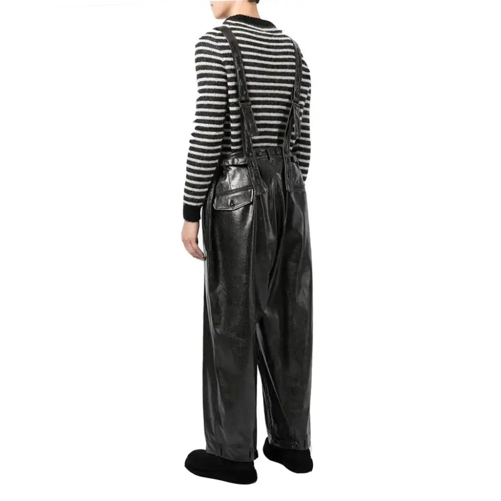 Men’s Solid Black Multi-Pocket Leather Dungaree-1