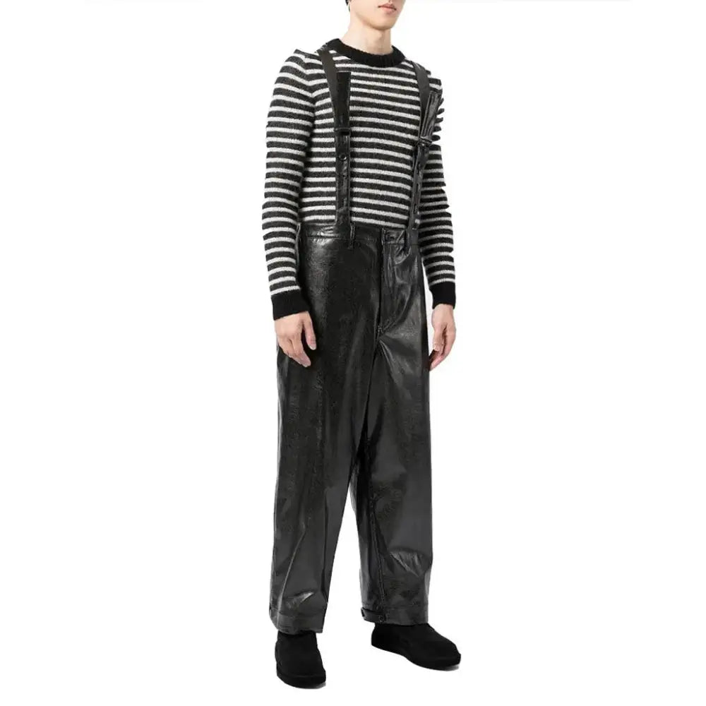 Men’s Solid Black Multi-Pocket Leather Dungaree-0