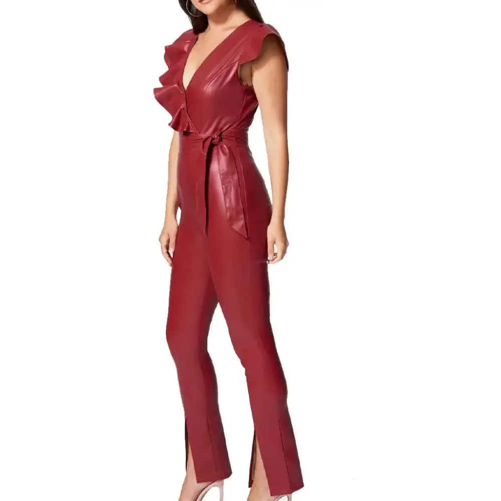 Women’s Ruffle-Detail Leather Jumpsuit-1