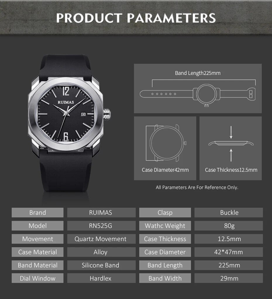RUIMAS Luxury Silicone Band Quartz Sport Watches for Men Waterproof Calendar Casual Large Dial Wristwatch Clock Montre Homme-3