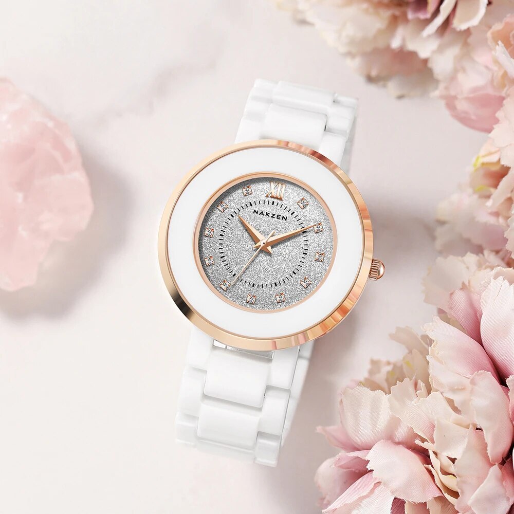 NAKZEN Women's Quartz Fashion Simple Ceramics Analogue Watch Ceramic Band 30M Waterproof Diamond Dress Watches relogio feminino-1