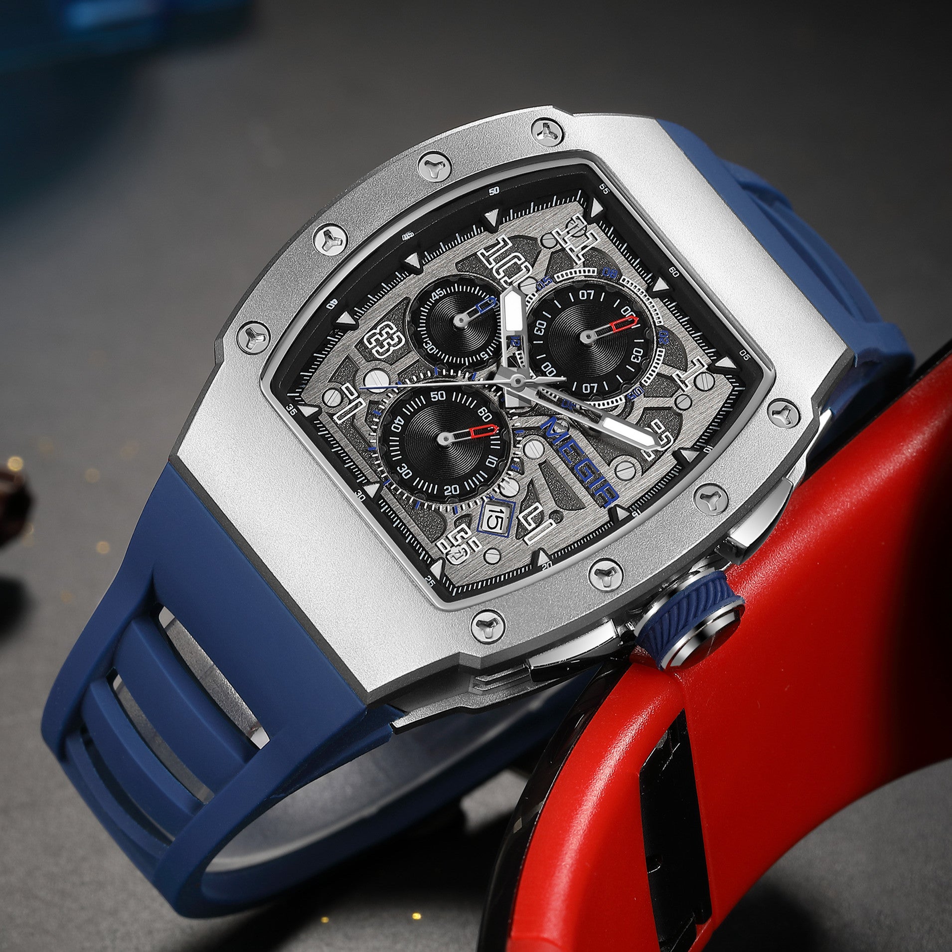 MEGIR Blue Luxury Sport Watch for Men Steel Case Waterproof Luminous Military Quartz Chronograph Big Dial Auto Date Reloj Hombre-6