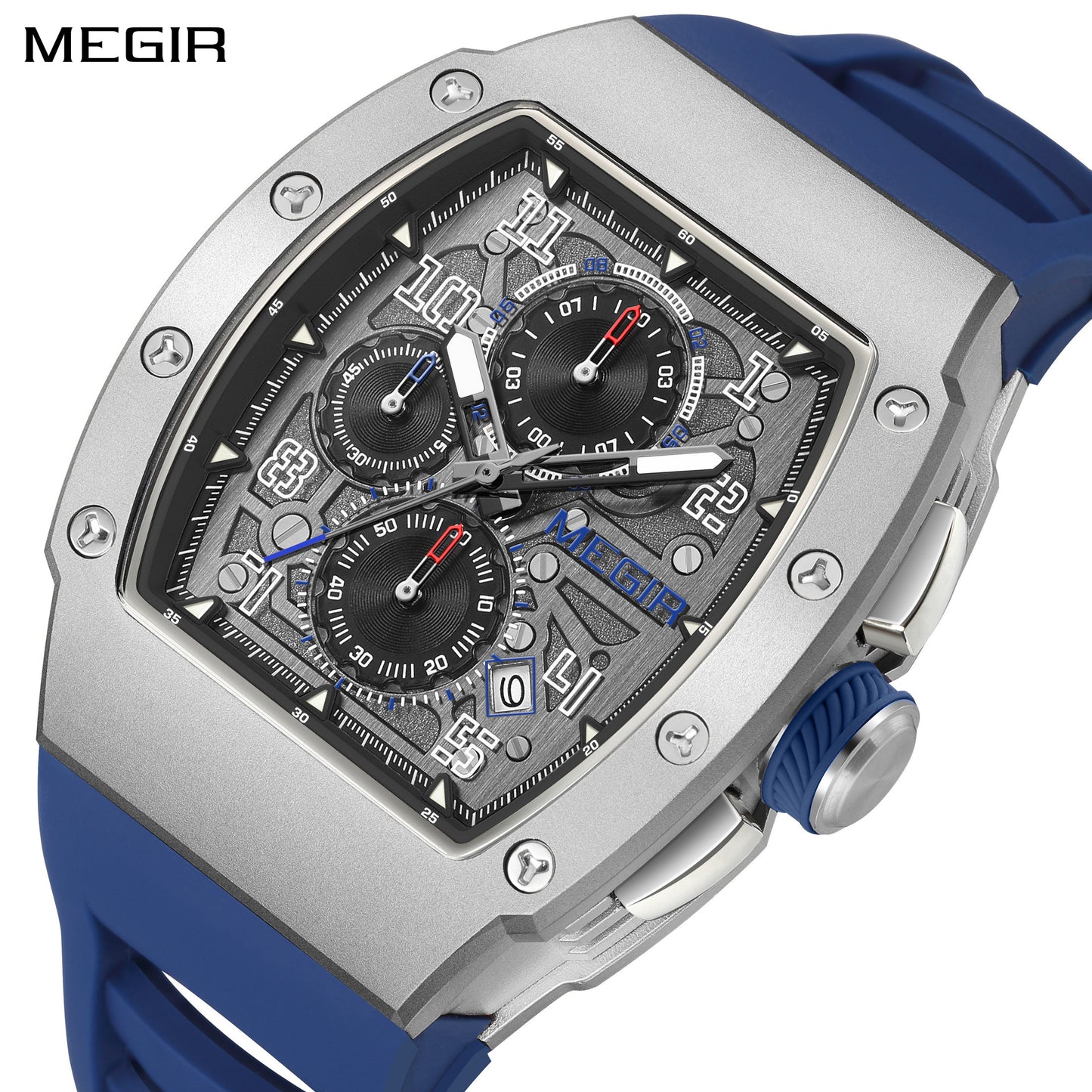 MEGIR Blue Luxury Sport Watch for Men Steel Case Waterproof Luminous Military Quartz Chronograph Big Dial Auto Date Reloj Hombre-0