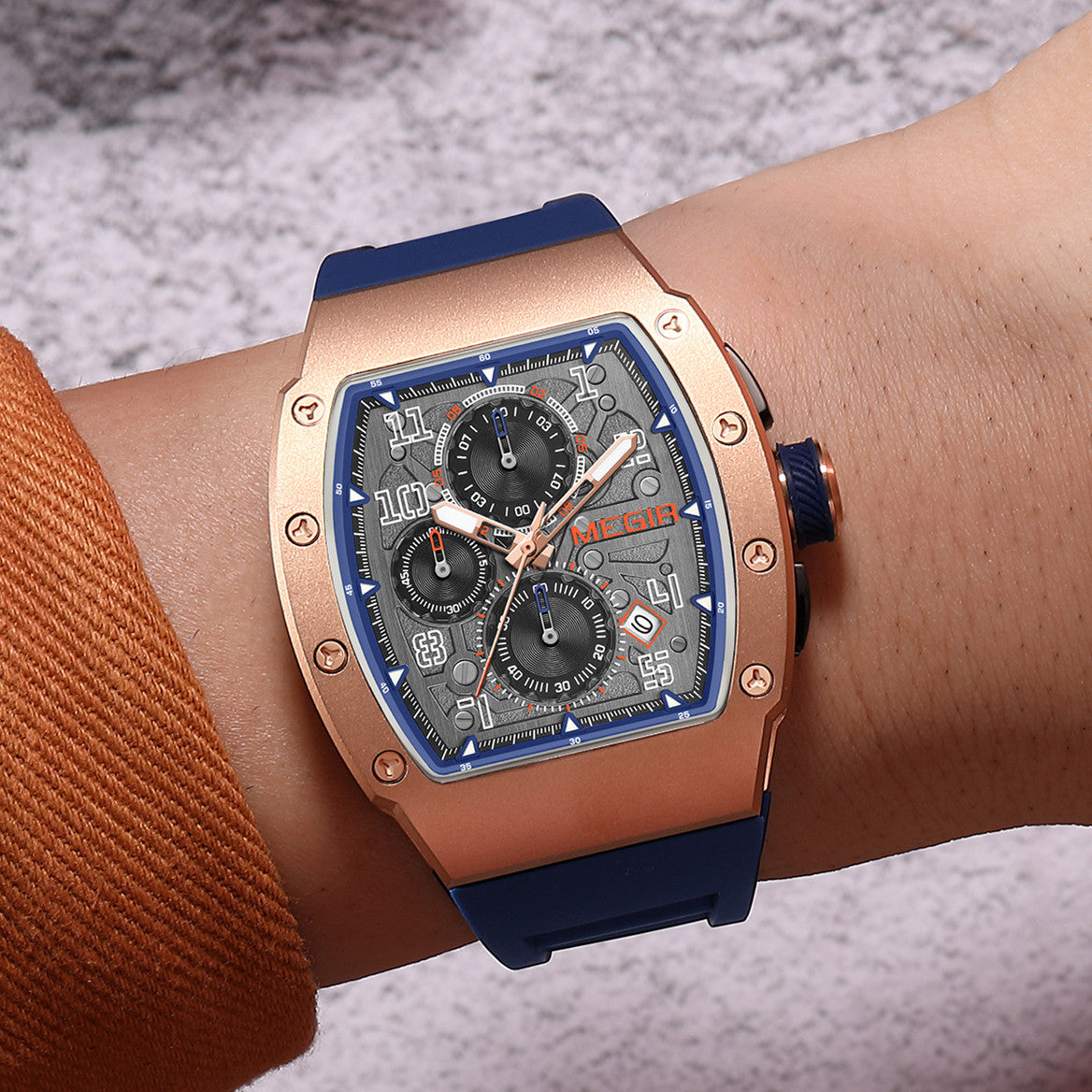 MEGIR Blue Luxury Sport Watch for Men Steel Case Waterproof Luminous Military Quartz Chronograph Big Dial Auto Date Reloj Hombre-5