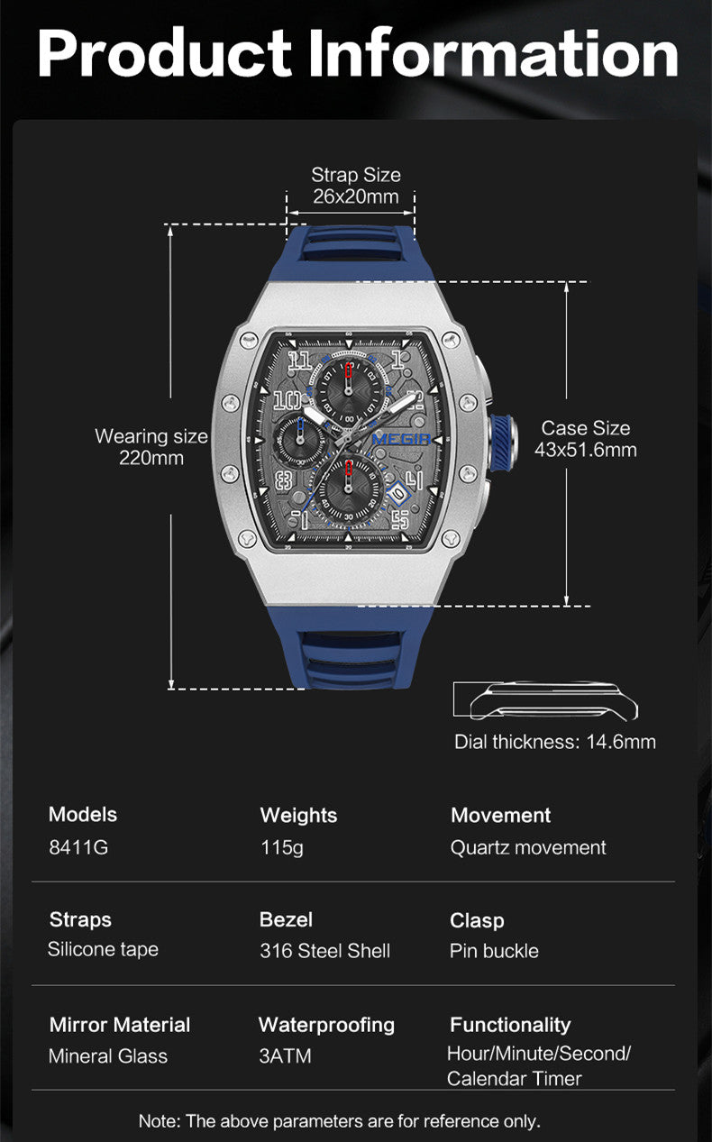 MEGIR Blue Luxury Sport Watch for Men Steel Case Waterproof Luminous Military Quartz Chronograph Big Dial Auto Date Reloj Hombre-7