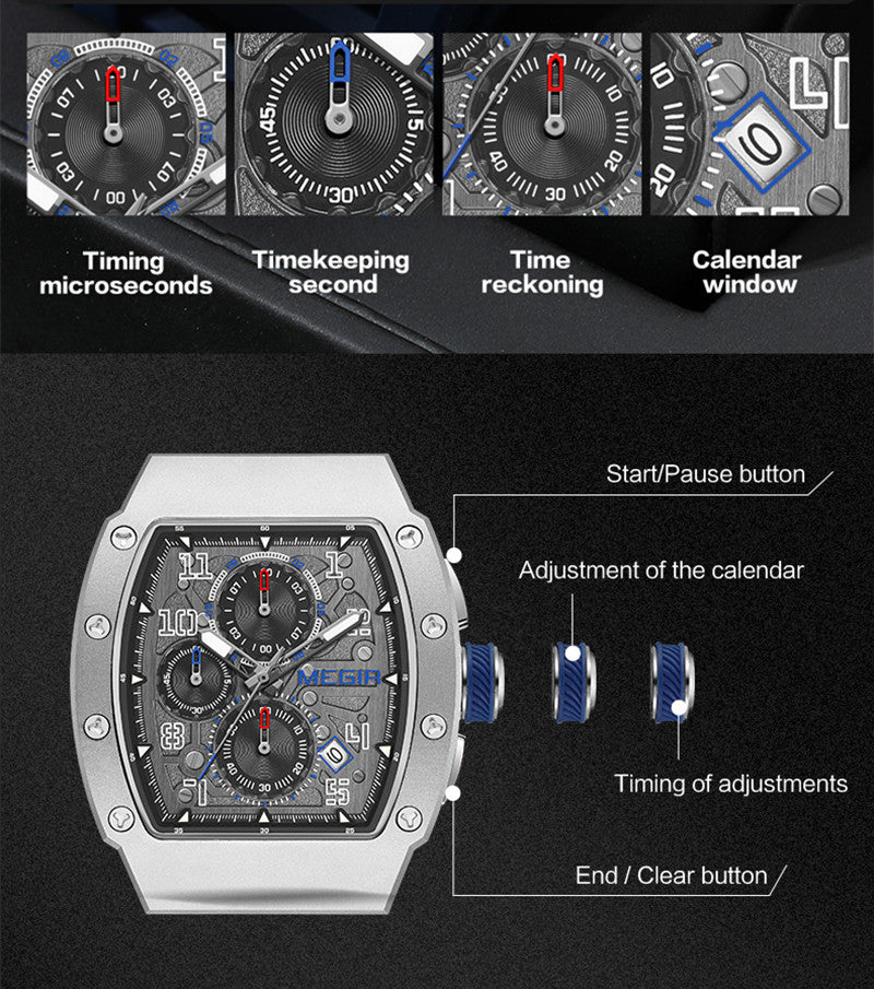 MEGIR Blue Luxury Sport Watch for Men Steel Case Waterproof Luminous Military Quartz Chronograph Big Dial Auto Date Reloj Hombre-9