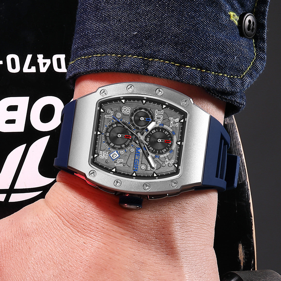 MEGIR Blue Luxury Sport Watch for Men Steel Case Waterproof Luminous Military Quartz Chronograph Big Dial Auto Date Reloj Hombre-1