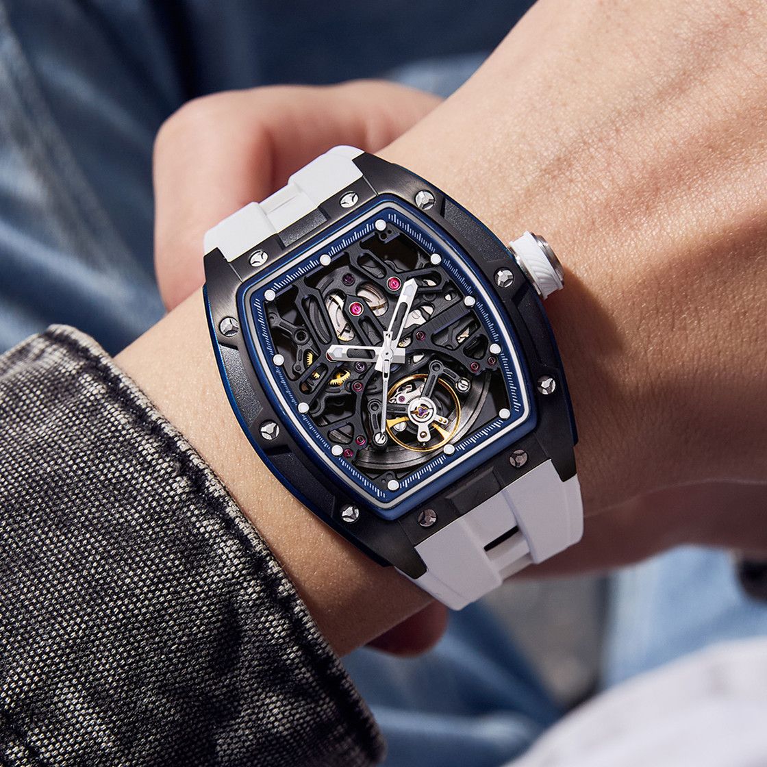 New Skeleton Dial Watches for Men Stainless Steel Case Automatic Mechanical Wristwatch Waterproof Luminous Sport Watch 9198-1-3