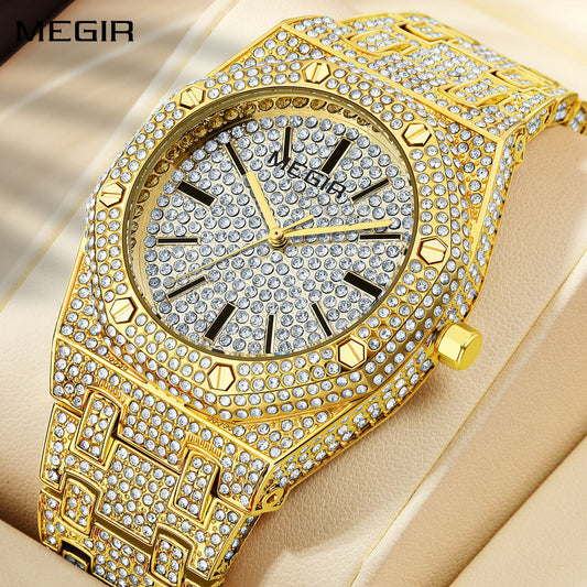 MEGIR Luxury Diamond Men Watches Stainless Steel Band Quartz Wristwatches Waterproof Male Clock Business Watch Reloj Hombre 1091-0