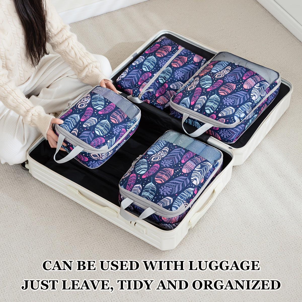 Feather Print Travel Compression Bag Set Organizer-2