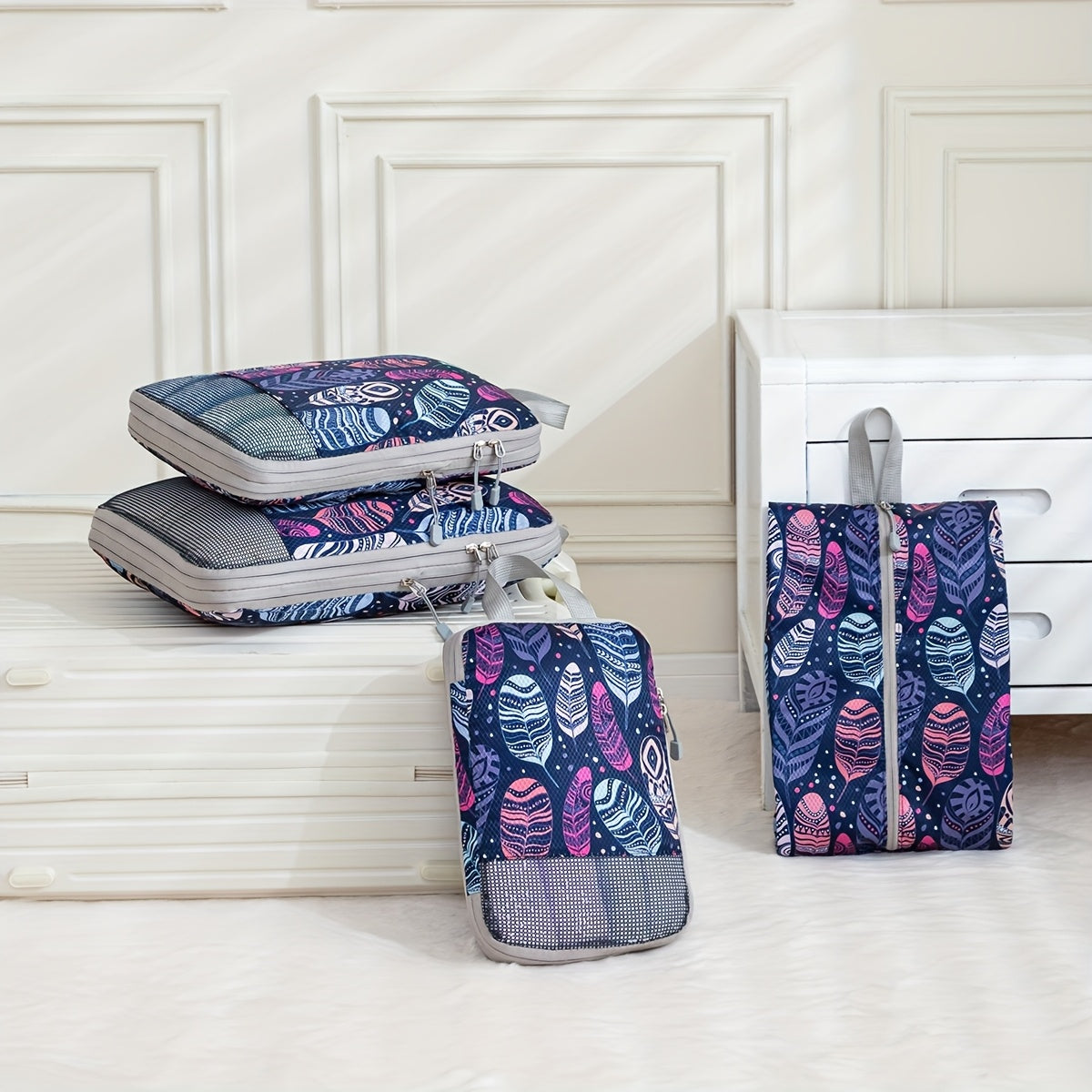 Feather Print Travel Compression Bag Set Organizer-3