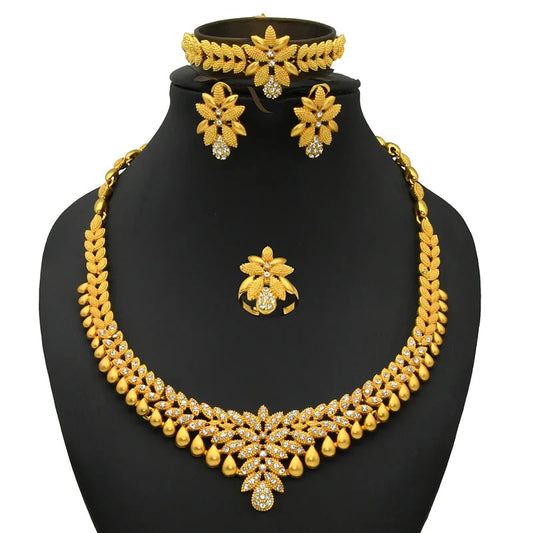 NNEOBA Gold Necklace Earrings Bracelet Ring Jewelry Set-0